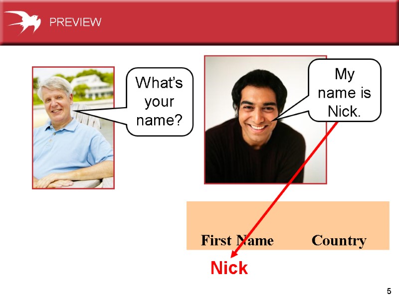 5 Nick What’s your name? My name is Nick. PREVIEW